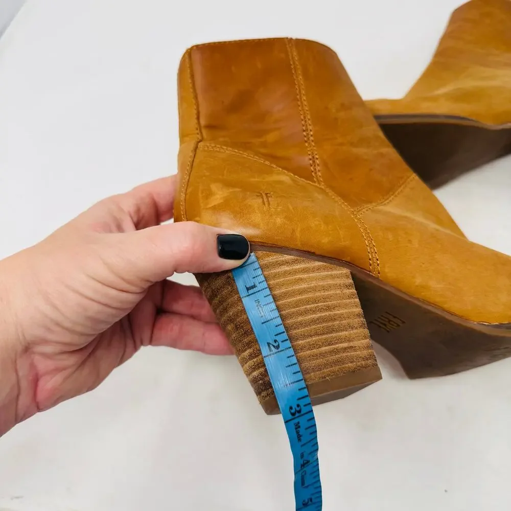Frye Cara Short Ankle Boots Tan Leather Stacked Heel Western Style Size‎ 7M